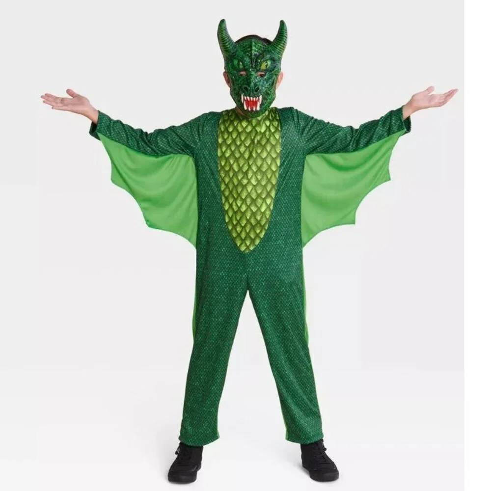 Dragon Green Emerald Blacklight Halloween Costume 6/7 Jumpsuit Wings & Mask Boys
